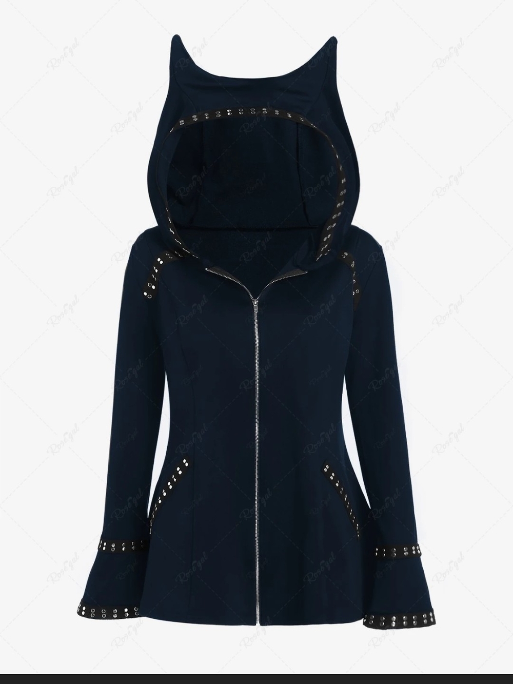 Rosegal Black Cat Hooded Zip Jacket with Stud Trim Size 4X